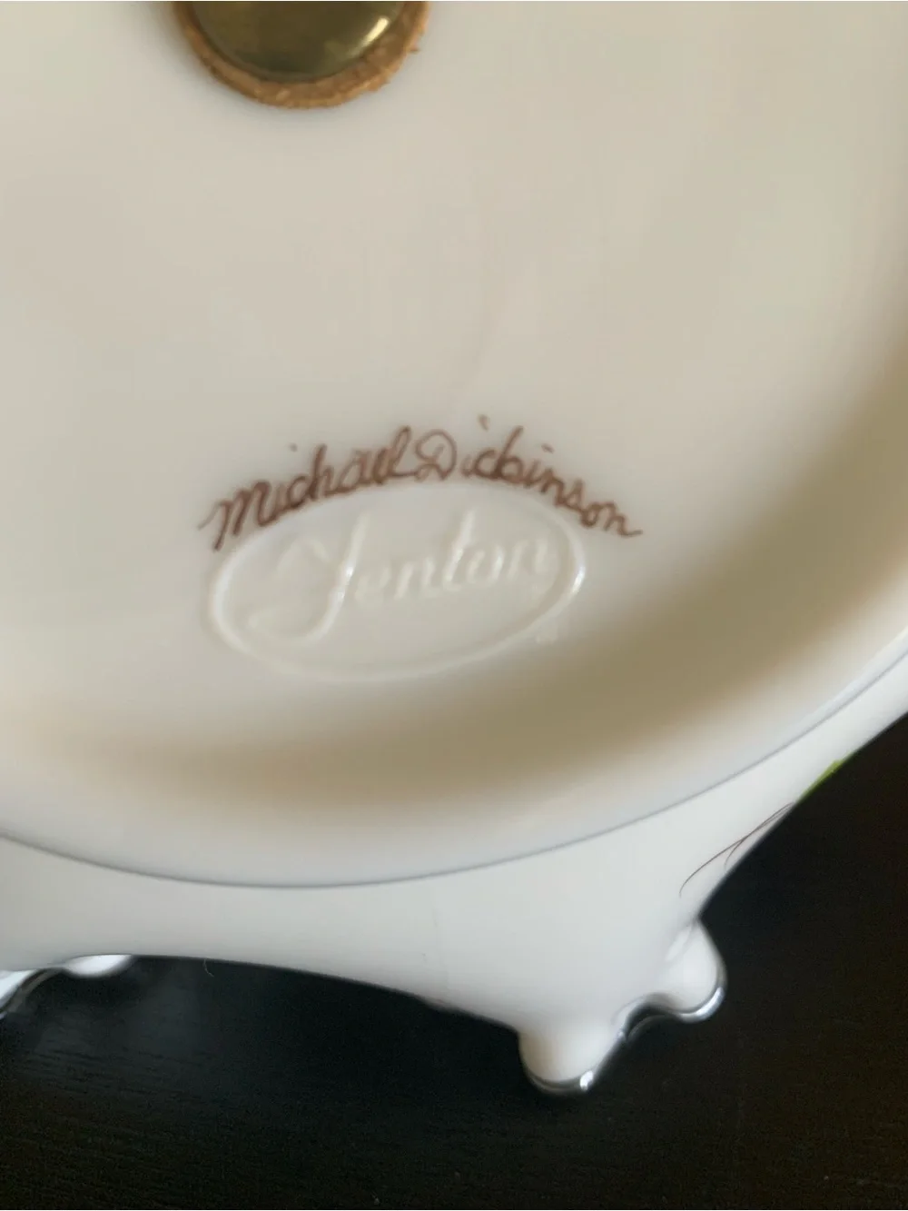 Vtg Fenton Violets in the Snow Milk Glass Candy Bon Bon Dish Signed M. Dickinson